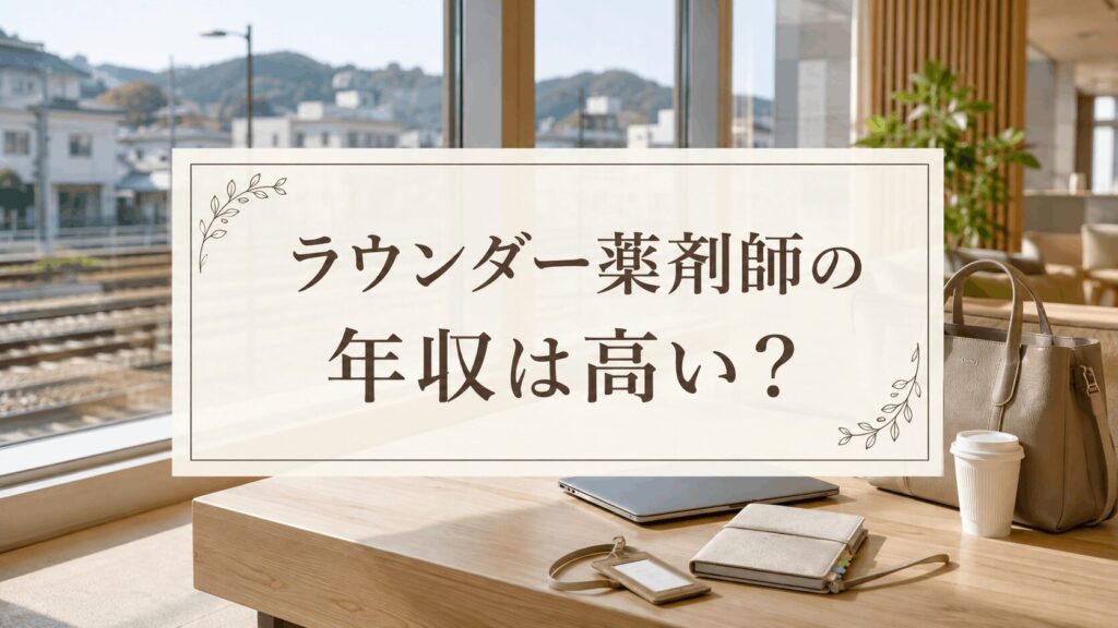 「ラウンダー薬剤師の年収は高い?」と書かれたアイキャッチ画像。窓際の木のテーブルにノートパソコンと手帳が置かれている。