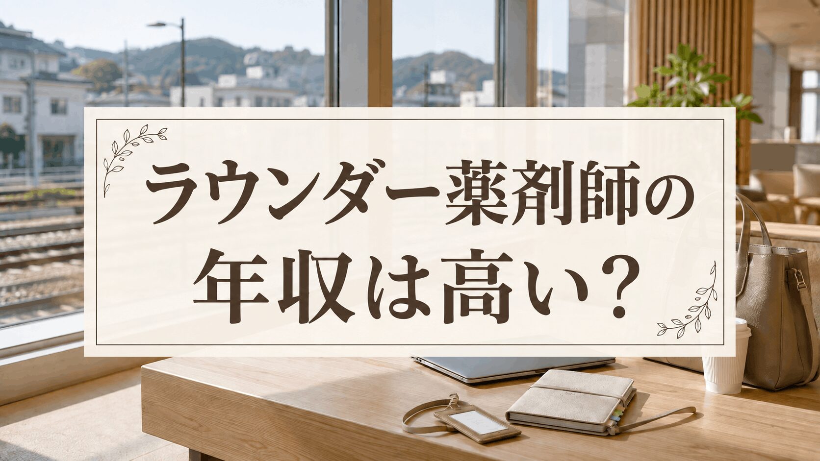 「ラウンダー薬剤師の年収は高い？」と書かれたアイキャッチ画像。窓際の木のテーブルにノートパソコンと手帳が置かれている。