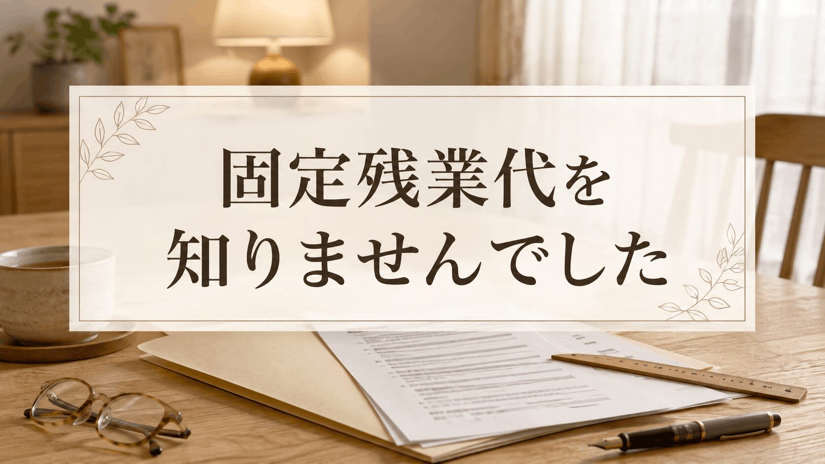 「固定残業代を知りませんでした」と書かれたアイキャッチ画像。木の机の上に書類とメガネ、万年筆が置かれている。