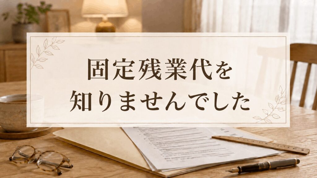 「固定残業代を知りませんでした」と書かれたアイキャッチ画像。木の机の上に書類とメガネ、万年筆が置かれている。